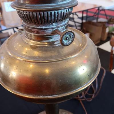 ANTIQUE BRASS OIL LAMP CONVERTED TO ELECTRIC