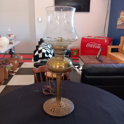ANTIQUE BRASS OIL LAMP CONVERTED TO ELECTRIC