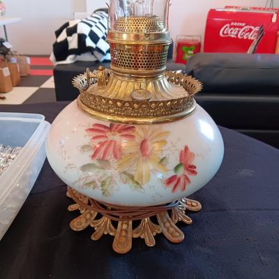 GLASS STRUNG CRYSTALS AND A PARTIAL OIL LAMP CONVERTED TO ELECTRIC