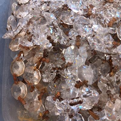 GLASS STRUNG CRYSTALS AND A PARTIAL OIL LAMP CONVERTED TO ELECTRIC
