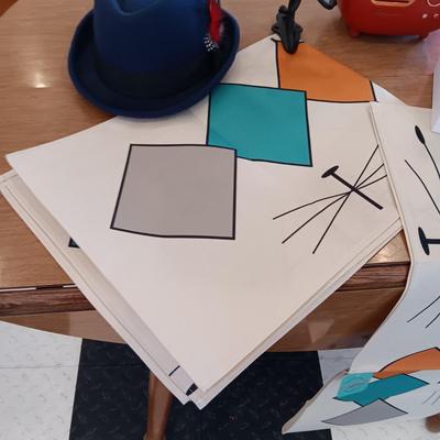 RETRO MATERIAL TABLE RUNNERS, 2 NEW KLEENEX BOXES, IRON WALL HOOK AND A FELT FEDORA