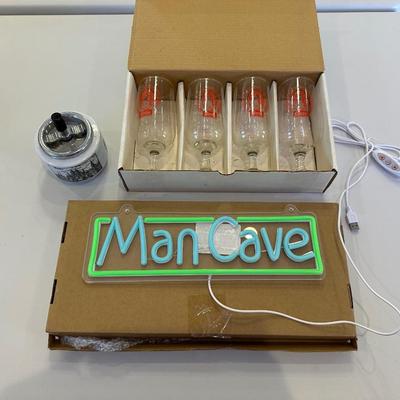 COOL VINTAGE GERMAN ASHTRAY, COORS STEMMED BEER GLASSES AND LED MAN CAVE NEON TYPE SIGN
