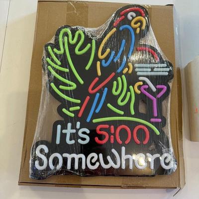 LED/NEON "IT'S 5:00 SOMEWHERE" SIGN, COORS STEMMED BEER GLASSES AND AMBER GLASS ASHTRAY