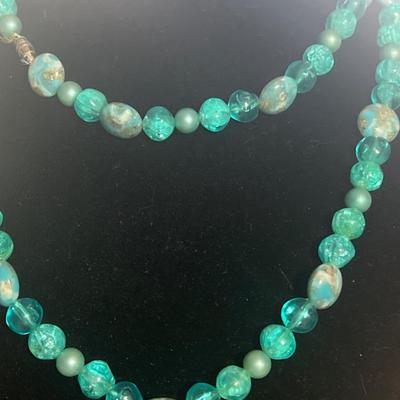 Blue green beaded long chain necklace