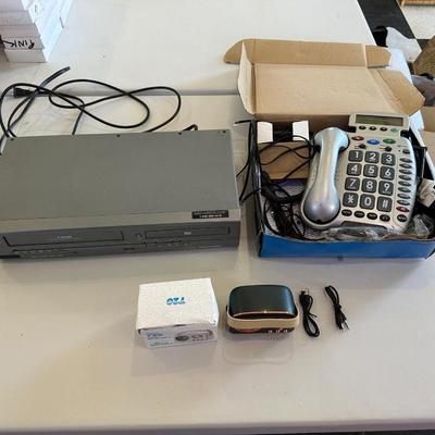 MAGNAVOX COMBO VHS/DVD PLAYER, TELEPHONE AND A SMALL BLUETOOTH RADIO