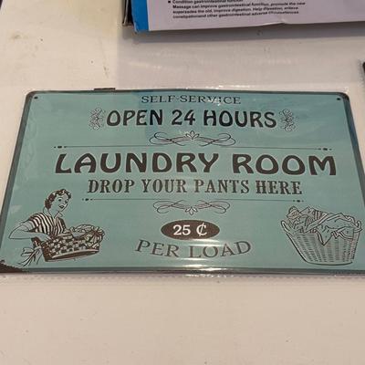 TIN LAUNDRY ROOM SIGNS AND NECK MASSAGER