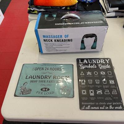 TIN LAUNDRY ROOM SIGNS AND NECK MASSAGER