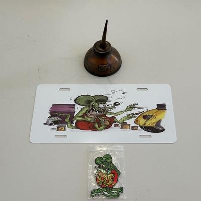 COPPER OIL CAN AND RAT FINK PATCH AND CAR PLATE