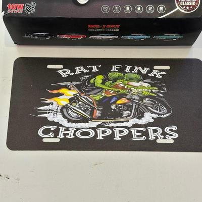 1955 CHEVY WAGON RADIO, RAT FINK LICENSE PLATE AND SEW/IRON ON PATCH