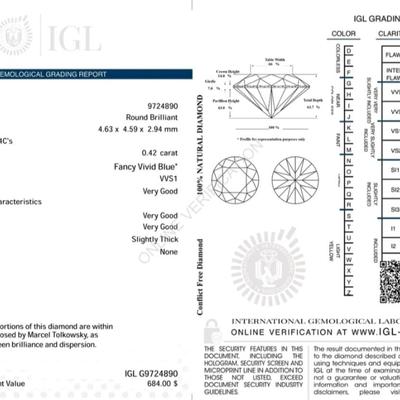 Cert 0.42 Carat Vivid Blue VVS1 Round Brilliant Natural Enhanced Diamond 4.63mm