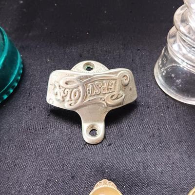 INSULATORS, PEPSI WALL MOUNT BOTTLE OPENER AND 3 LETTER OPENERS