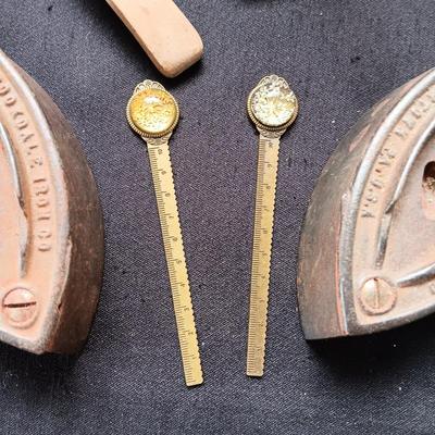 BUTTER MOLD, CAST CLOTHES IRONS AND 2 LETTER OPENERS