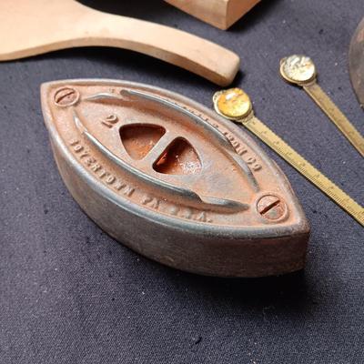 BUTTER MOLD, CAST CLOTHES IRONS AND 2 LETTER OPENERS
