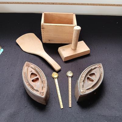 BUTTER MOLD, CAST CLOTHES IRONS AND 2 LETTER OPENERS