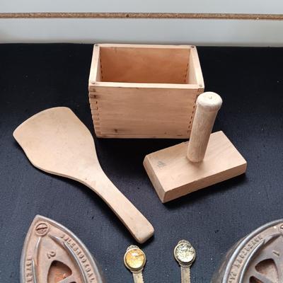 BUTTER MOLD, CAST CLOTHES IRONS AND 2 LETTER OPENERS