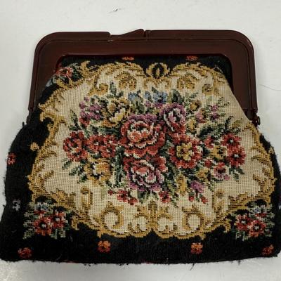 Vintage Tapestry Coin Bag with Tortoise Shell Clasp