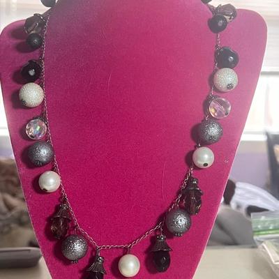 Silver toned and black beaded necklace