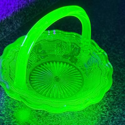 Antique Westmoreland Green Glass Grape & Leaf 5.5" Uranium Glass Basket with Handle - Glows in the Dark!