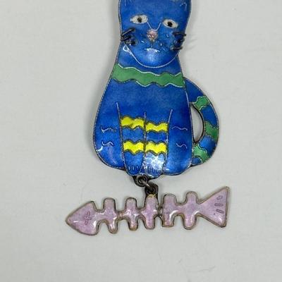 Vintage Mets Blue Cat with Fish Bones Pin or Brooch