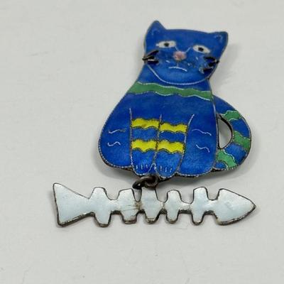 Vintage Mets Blue Cat with Fish Bones Pin or Brooch