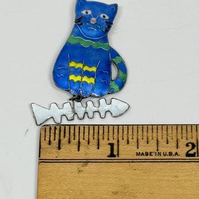 Vintage Mets Blue Cat with Fish Bones Pin or Brooch