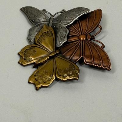 Vintage Triple Butterfly mixed metal colored Brooch or Pin