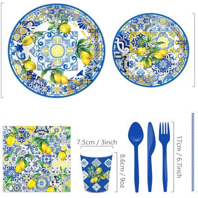 16-Serving Blue & White Porcelain Lemon Party Supplies - Chinese Style Classical Party Plates Napkins Cups Party Decoration for...