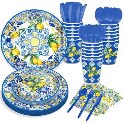 16-Serving Blue & White Porcelain Lemon Party Supplies - Chinese Style Classical Party Plates Napkins Cups Party Decoration for...