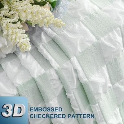 White & Seafoam Green Checkered Curtains 63 Inch Length 2 Panels, Light Filtering Soft Airy 3D Embossed Textured Bedroom Living Room,...