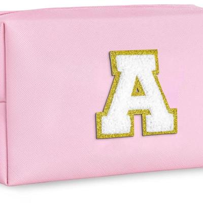 "A" Chenille Initial Makeup Bag, Birthday Gifts, Personalized Preppy Cosmetic Bag, Faux Leather Toiletry Bag, Easter Gifts for...