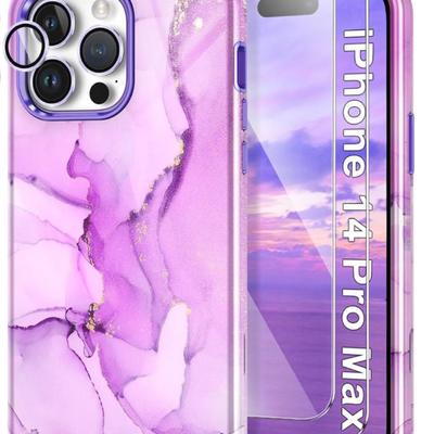 iPhone 12 Pro Max 6.7" Case in Purple Marble (Military Drop Protection) with Screen Protector - Full Body Rugged Shockproof Slim...