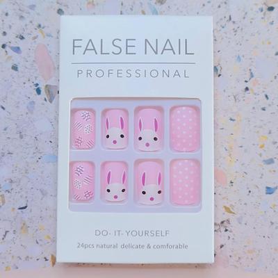 A1- Pink Easter Press on Nails, Glossy Medium Length Square Fake Nails, Cute Full Cover False Nails Design with Rabbits and Easter Eggs,...