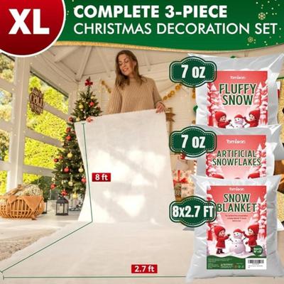 Christmas Fake Snow 3-Piece Set: Includes 8x3 Feet Snow Blanket Roll, Artificial Snowflakes, and Cotton Snow Fluff For your Christmas...