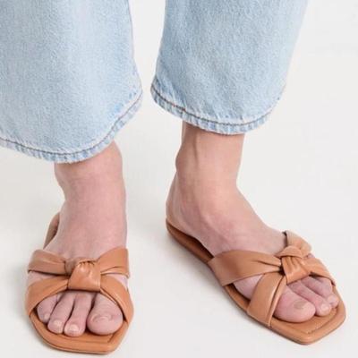 Size 9.5 Stuart Weitzman Women's Playa Knot Flat Slides in Tan Calf Skin Leather