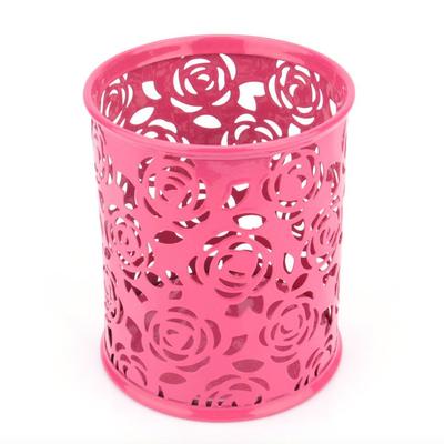 Pink Plastic Pencil Holder Hollow Floral Pattern Pen Pot Cylinder Container Round Office Desk Organizer