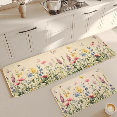 Pair of Wildflower Kitchen Mats, Non Slip Floral Kitchen Floor Mats, Vintage Flowers Kitchen Rugs for Floor, Washable Kitchen Mats for...