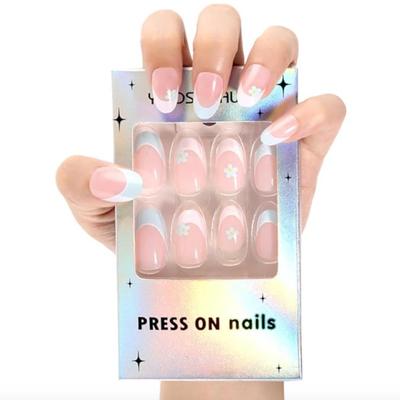 KK - 24-piece press-on false nails set, French floral blue and white flowers, wipe strip, Jelly glue, and 24 Fake Nails