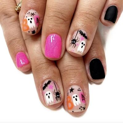 FF - Short Square Press on Nails Halloween Fake Nails Glossy False Nails Pink Black Acrylic Nails Ghost Spider Artificial Nails Full...