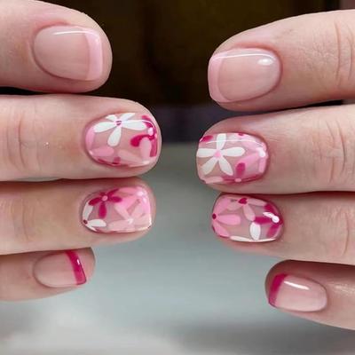 Y - Square Press on Nails Short Fake Nails French Tip Glue on Nails Pink Red Tip Nude False Nails Cute Flower Nails Press on Daisy...