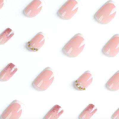 L - French Tip Press On Nails Coffin Medium Short Square Fake Nails Nude White Glitter Designs Acrylic Glossy Stick Glue on Nails Full...