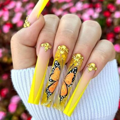E - Butterfly Press on Nails Long Coffin Fake Nails Full Cover False Nails with Glitter Designs Rhinestones Glue on Nails Spring Acrylic...