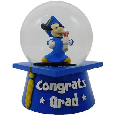 Disney Mickey Mouse Blue Graduation Cap Water Globe Wind Up Playing Pomp and Circumstance