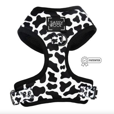 Size XL Sassy Woof Adjustable Neoprene Dog Harness Vest w/No Pull D-Ring in Black & White Whole Milk Cow Print & Black Hardware
