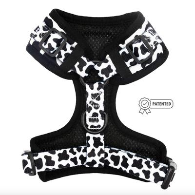 Size XL Sassy Woof Adjustable Neoprene Dog Harness Vest w/No Pull D-Ring in Black & White Whole Milk Cow Print & Black Hardware
