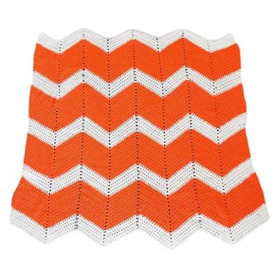 Vintage Mid Century Neon Orange & White Chevron Stripe Hand Crochet Knitted Throw Blanket