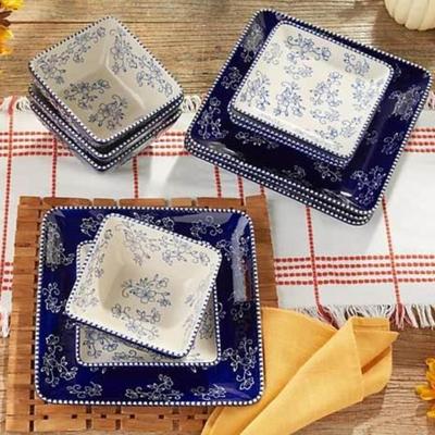 12-Piece Ceramic Temptations by Tara Navy Blue & White Floral Dinnerware Set in Square - Dinner Plates 10.5" x 10.5" x...