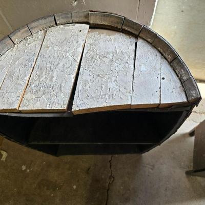 Half whisky barrel shelf / small bar. Needs top fixed
