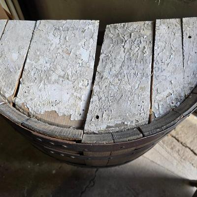 Half whisky barrel shelf / small bar. Needs top fixed