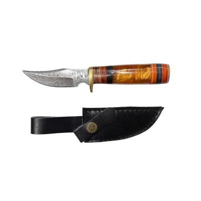 F - Orange Handle Handmade Damascus Steel Fixed Blade Knife w/Brass Bolster & End Cap w/Leather Case - Military Hunting Tactical...