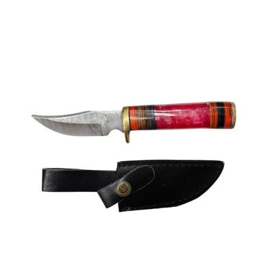 C - Pink & Orange Handle Handmade Damascus Steel Fixed Blade Knife w/Brass Bolster & End Cap w/Leather Case - Military Hunting...